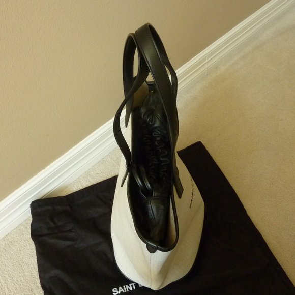 SAINT LAURENT 'Teddy' Medium Canvas/Leather Drawstring Shopping Tote Bag (NEW) - Picture 11 of 15